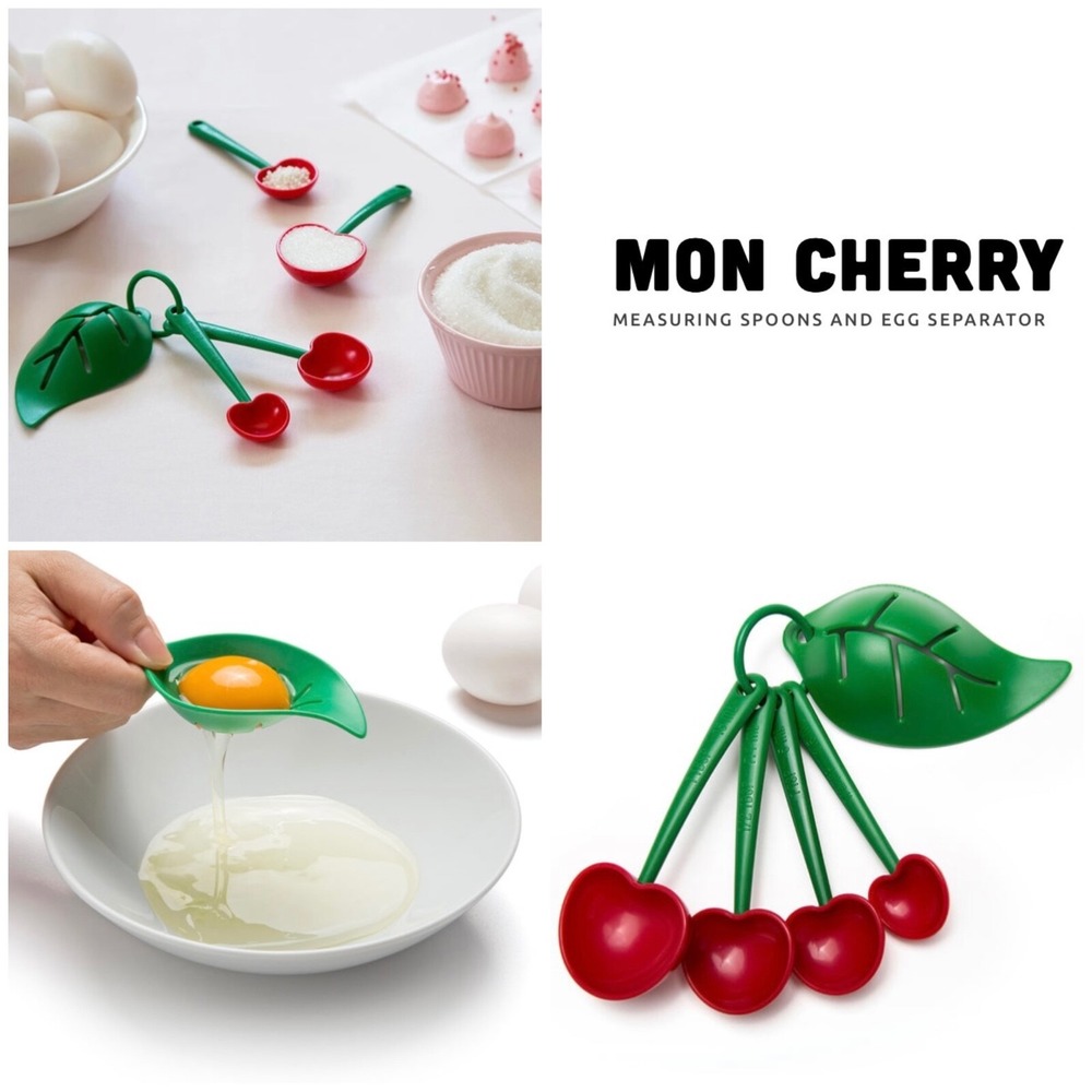 OTOTO Mon Cherry Measuring Spoons‎ & Egg Separator Set Red Green NEW - Picture 2 of 7